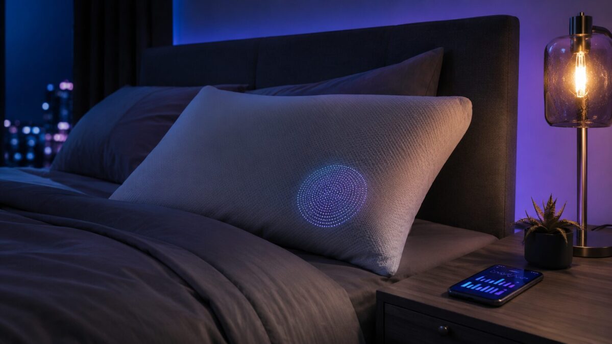 White memory foam smart pillow on a bed at night with soft purple lighting and a phone showing a sleep graph