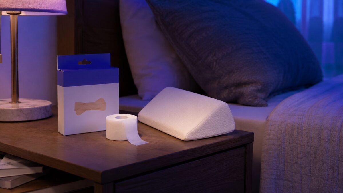 Nasal strips box, medical tape roll and foam wedge pillow on a nightstand in purple night lighting