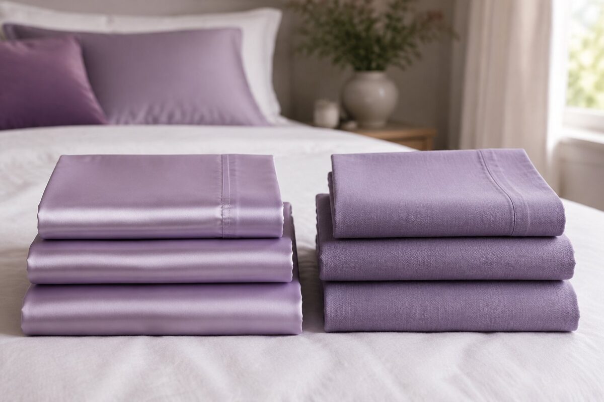 Two stacks of folded sheets on a bed, one silky bamboo and one crisp cotton