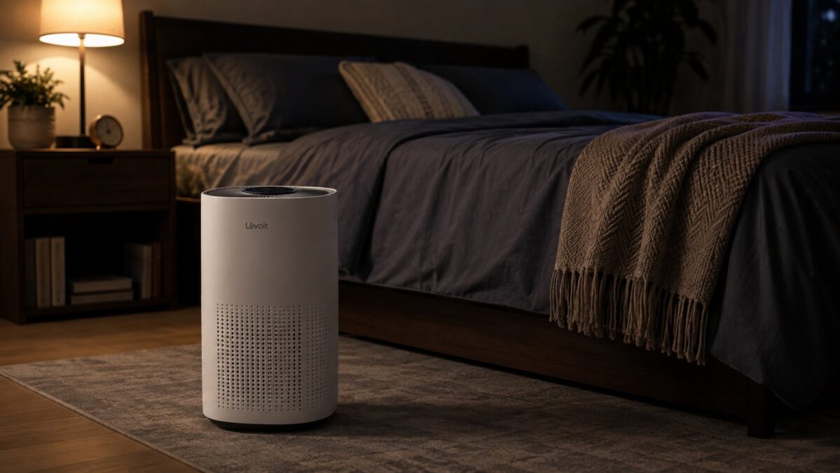 White tower air purifier on a bedroom floor near the foot of the bed with warm lamp light