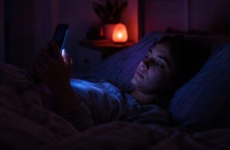 Person in bed at night lit by blue phone glow with a warm red night light on the nightstand behind