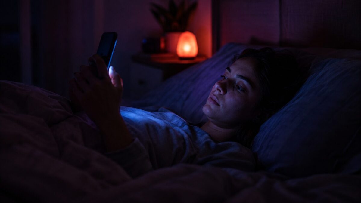 Person in bed at night lit by blue phone glow with a warm red night light on the nightstand behind