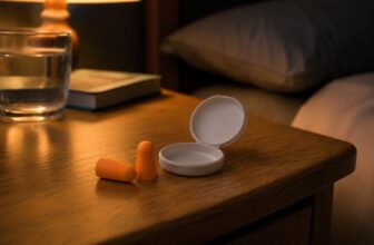 Foam earplugs and open case on a wooden nightstand under warm lamp light
