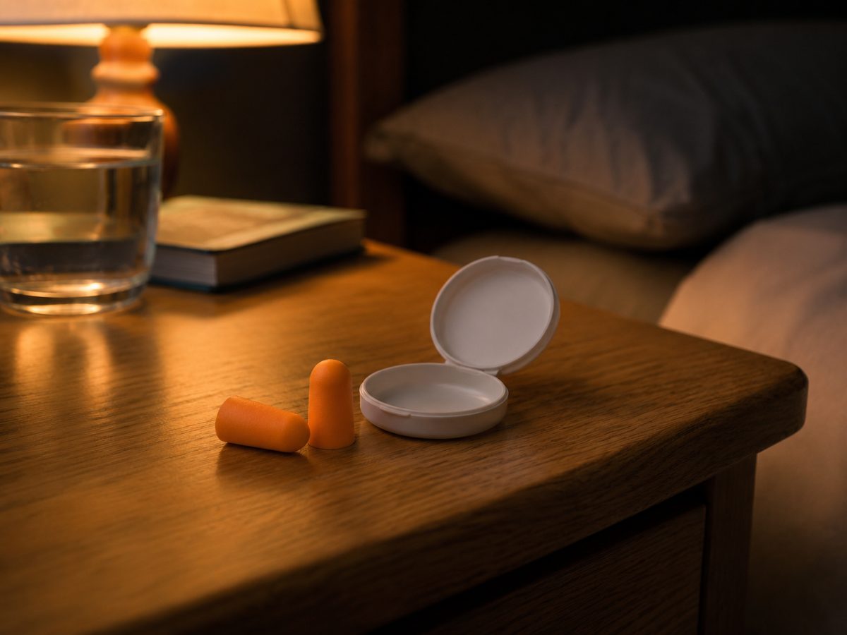 Foam earplugs and open case on a wooden nightstand under warm lamp light