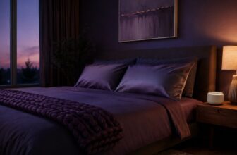 Cozy purple bedroom at dusk with satin pillows, weighted blanket and white noise machine on the nightstand