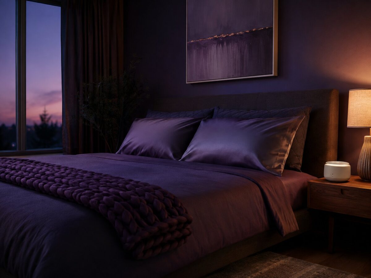 Cozy purple bedroom at dusk with satin pillows, weighted blanket and white noise machine on the nightstand