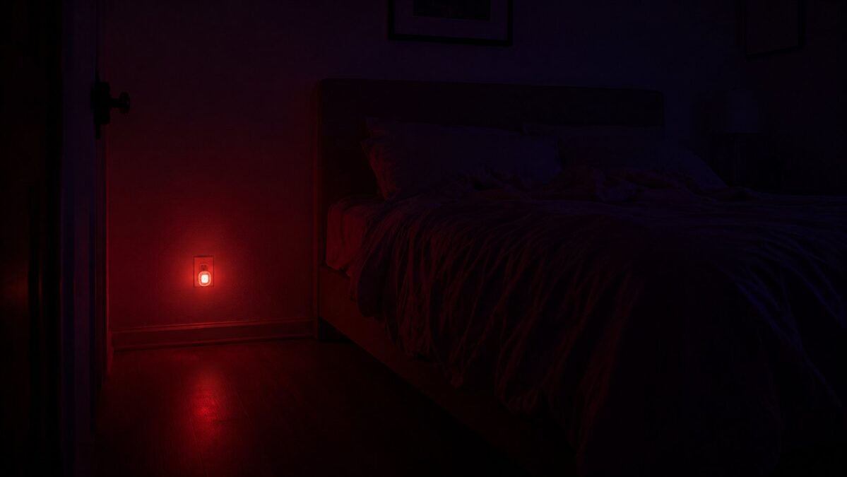 Small red night light plugged into a wall casting a warm red glow across a dark bedroom floor