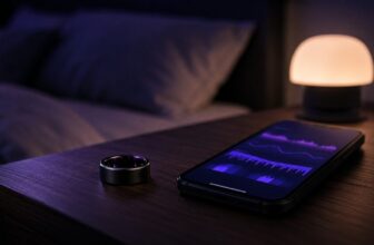 Slim black smart ring on a dark wood nightstand next to a phone showing a purple sleep graph