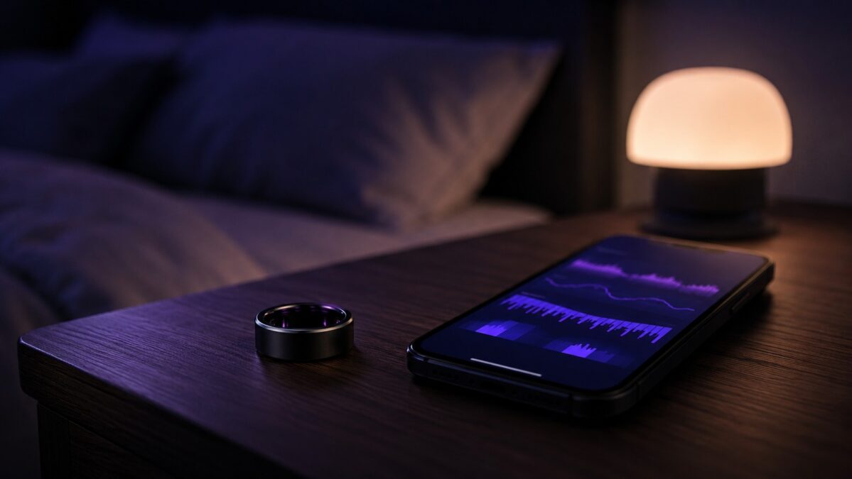 Slim black smart ring on a dark wood nightstand next to a phone showing a purple sleep graph