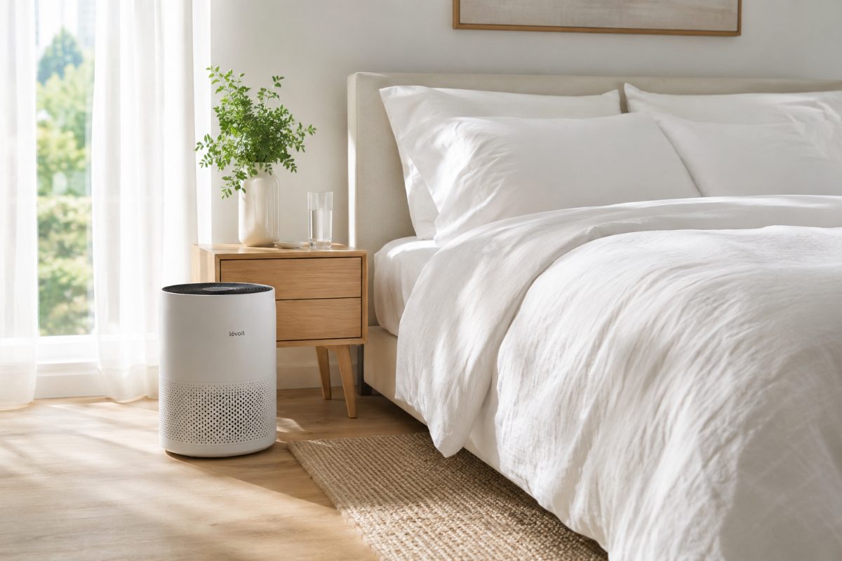 Allergy friendly bedroom with white bedding and a small air purifier near the bed
