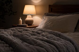 Cozy bed at night with a gray weighted blanket and warm bedside lamp