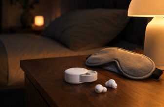 White sleep earbuds and round charging case on a wood nightstand at night, illustration