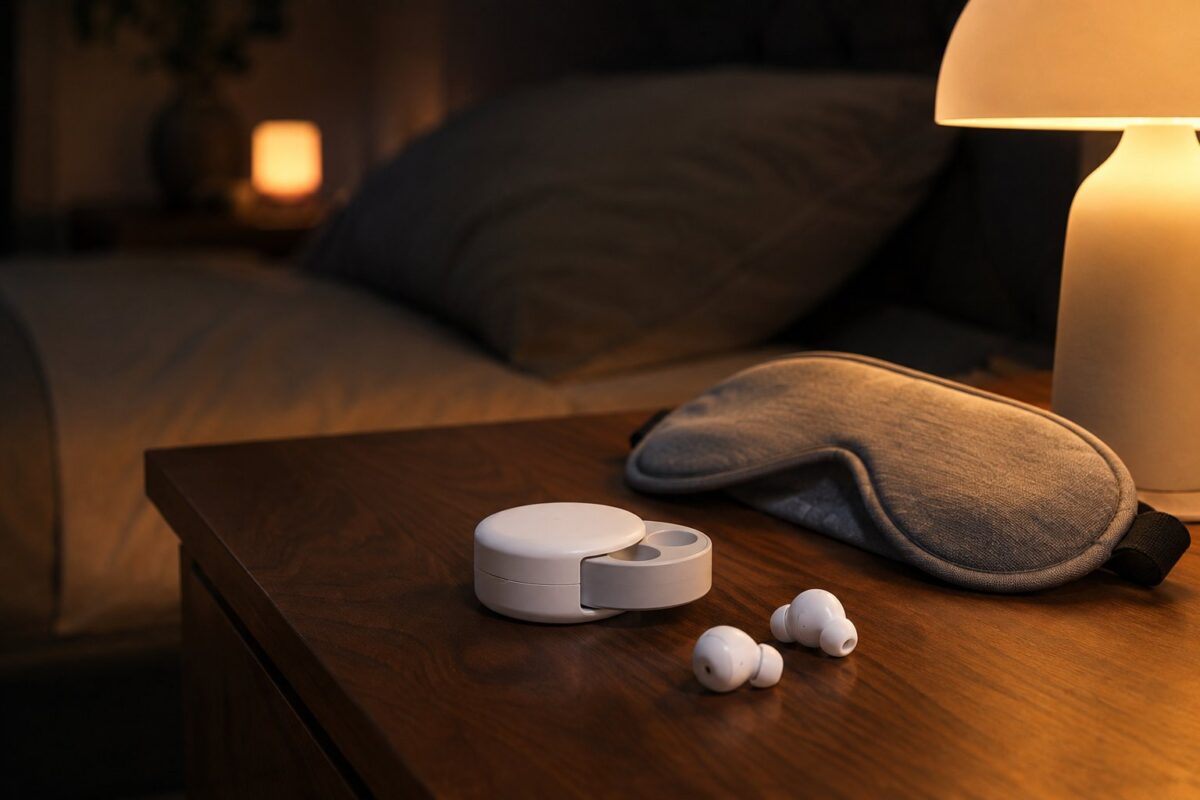 White sleep earbuds and round charging case on a wood nightstand at night, illustration