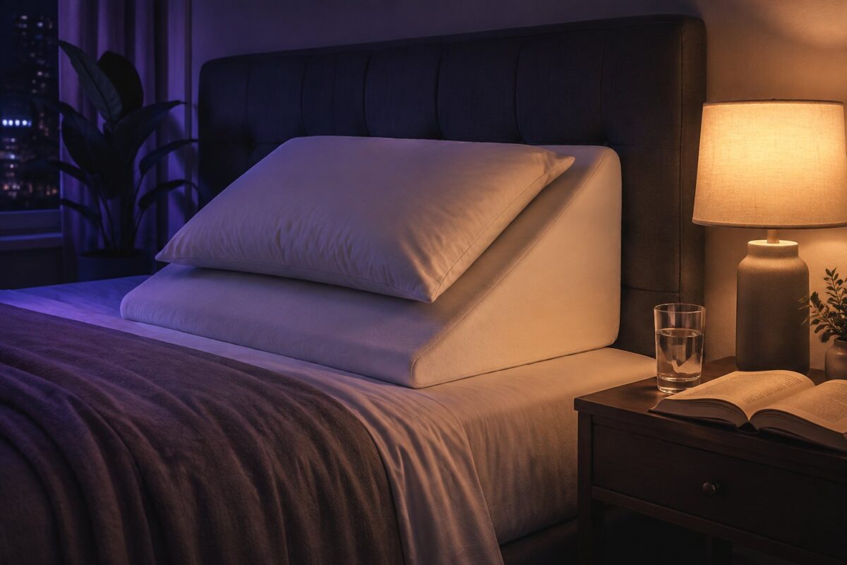 Foam wedge pillow propped against a headboard with a thin pillow on top, warm lamp light