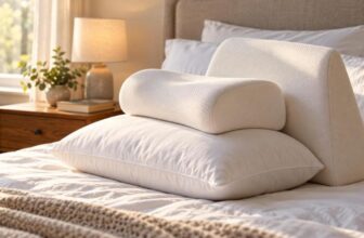 Three memory foam pillows of different shapes on a made bed beside a nightstand with a lamp and a book